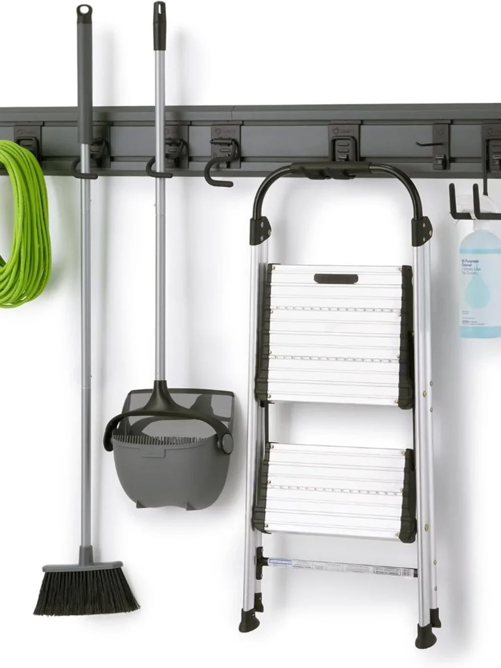 TRINITY 9-Piece Garage Storage Track Wall Organizer Rail w/ Hooks Gray